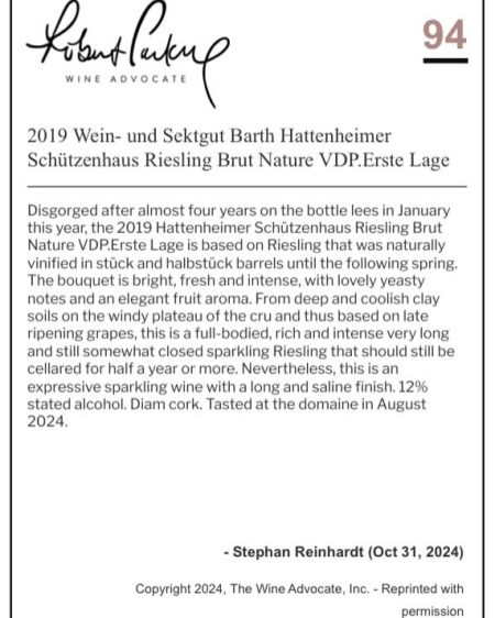 WEIN-UND SEKTGUT BARTH SEKT SCHÜTZENHAUS RIESLING BRUT NATURE VDP.ERSTE LAGE® BIO RHEINGAU - obrazek 6