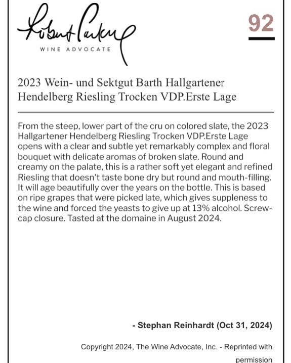 WEIN-UND SEKTGUT BARTH HALLGARTENER HENDELBERG RIESLING TROCKEN VDP.ERSTE LAGE® BIO RHEINGAU